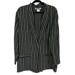 Metropole Black Gray Striped 1 Button Blazer Longline Pinstripe Pockets Medium